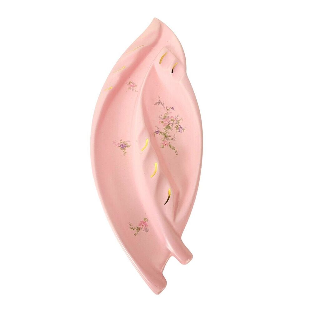 Vintage MCM 50s Atomic Pink Floral Ceramic Large Centerpiece Ashtray Mid-Century